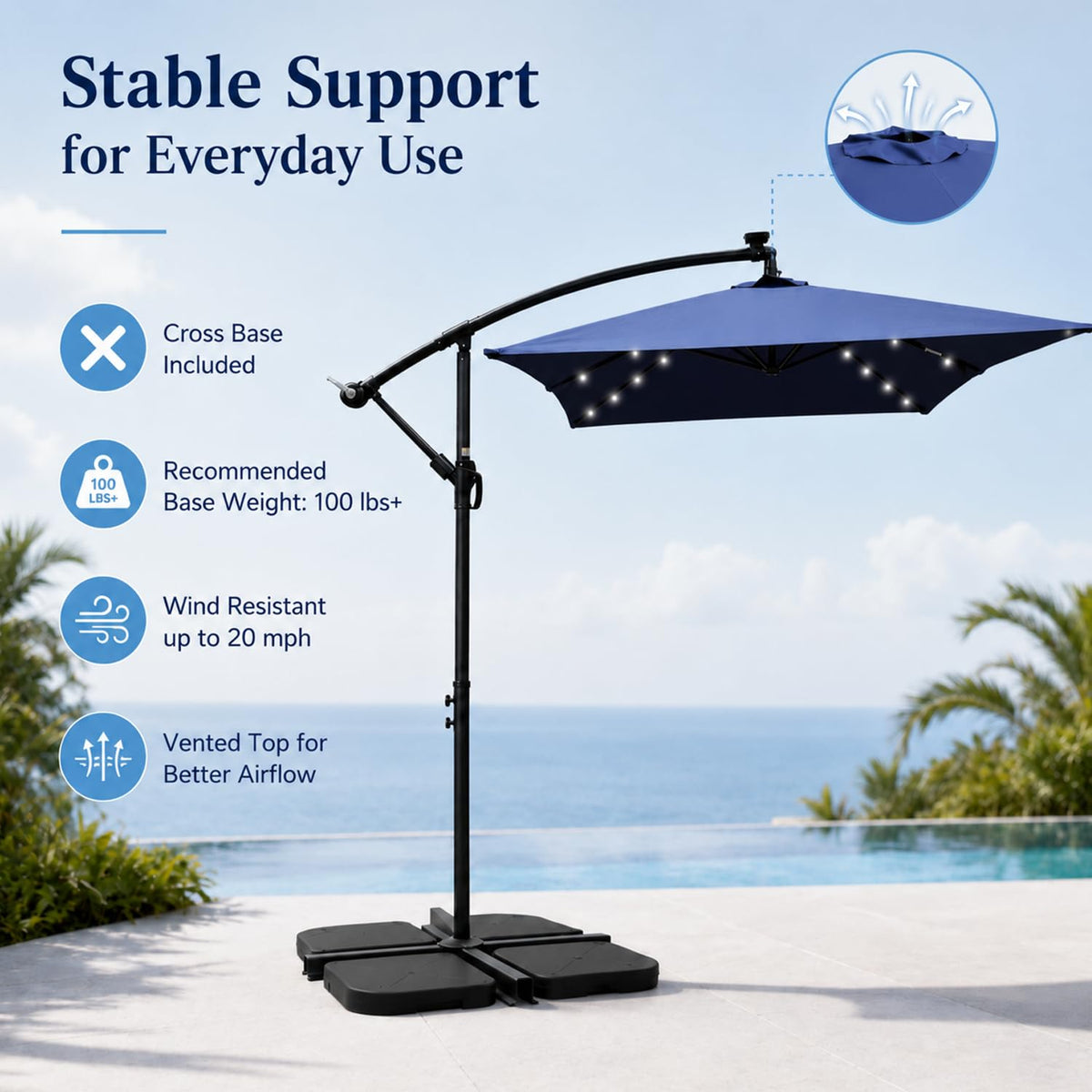 10x6.5FT Navy Blue Solar Patio Umbrella Q620