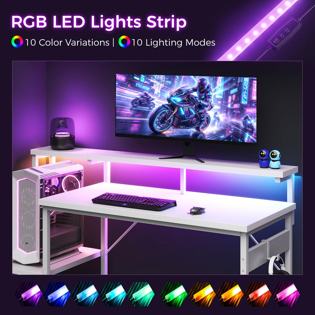 48 Inch White Gaming Desk with LED Lights K844
