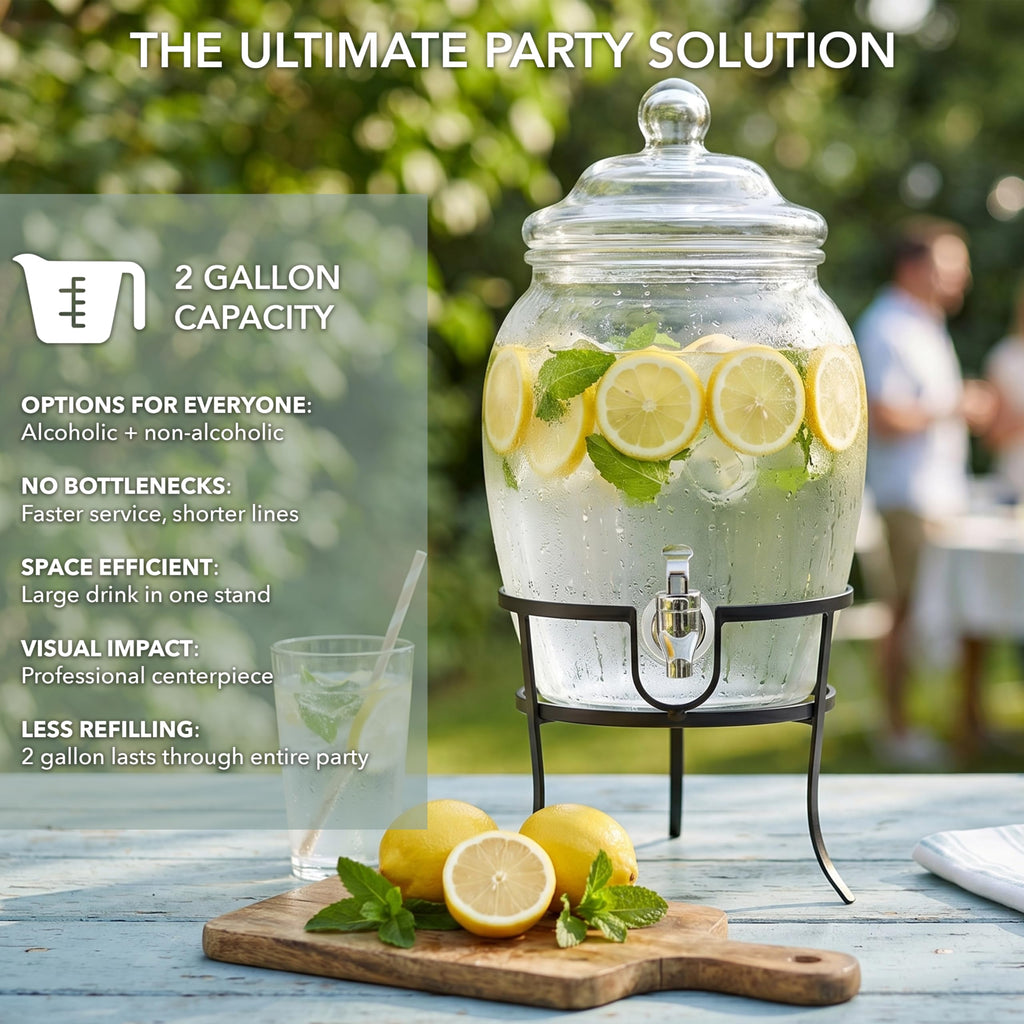 Glass Beverage Dispenser with Metal Stand 2 Gal H431608