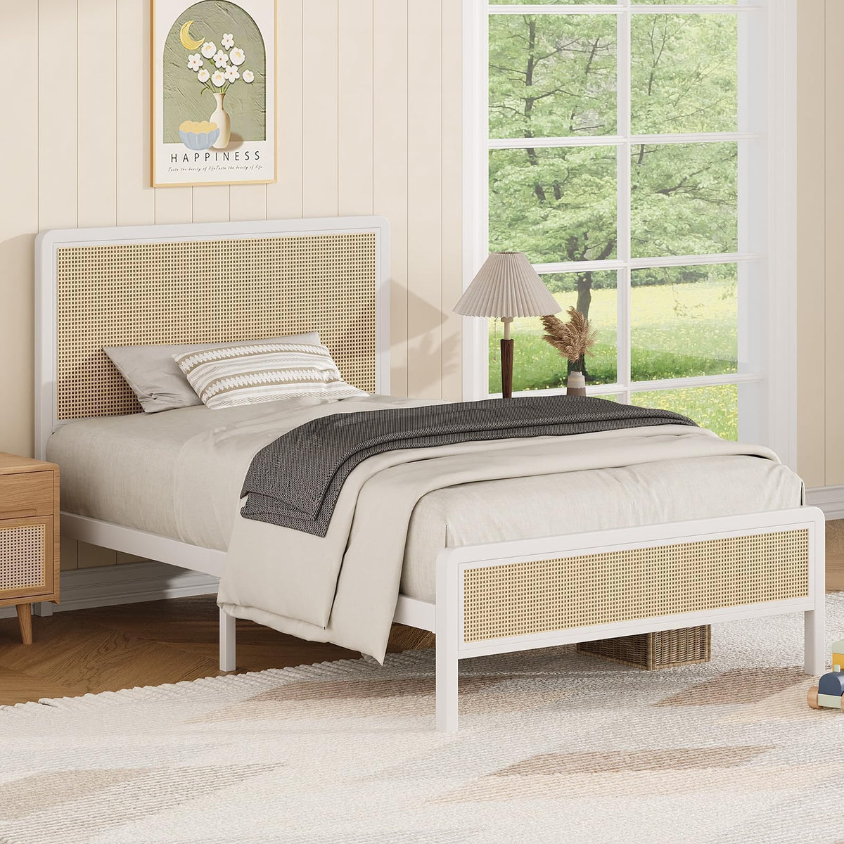 White Rattan Twin Bed Frame with Headboard T7600