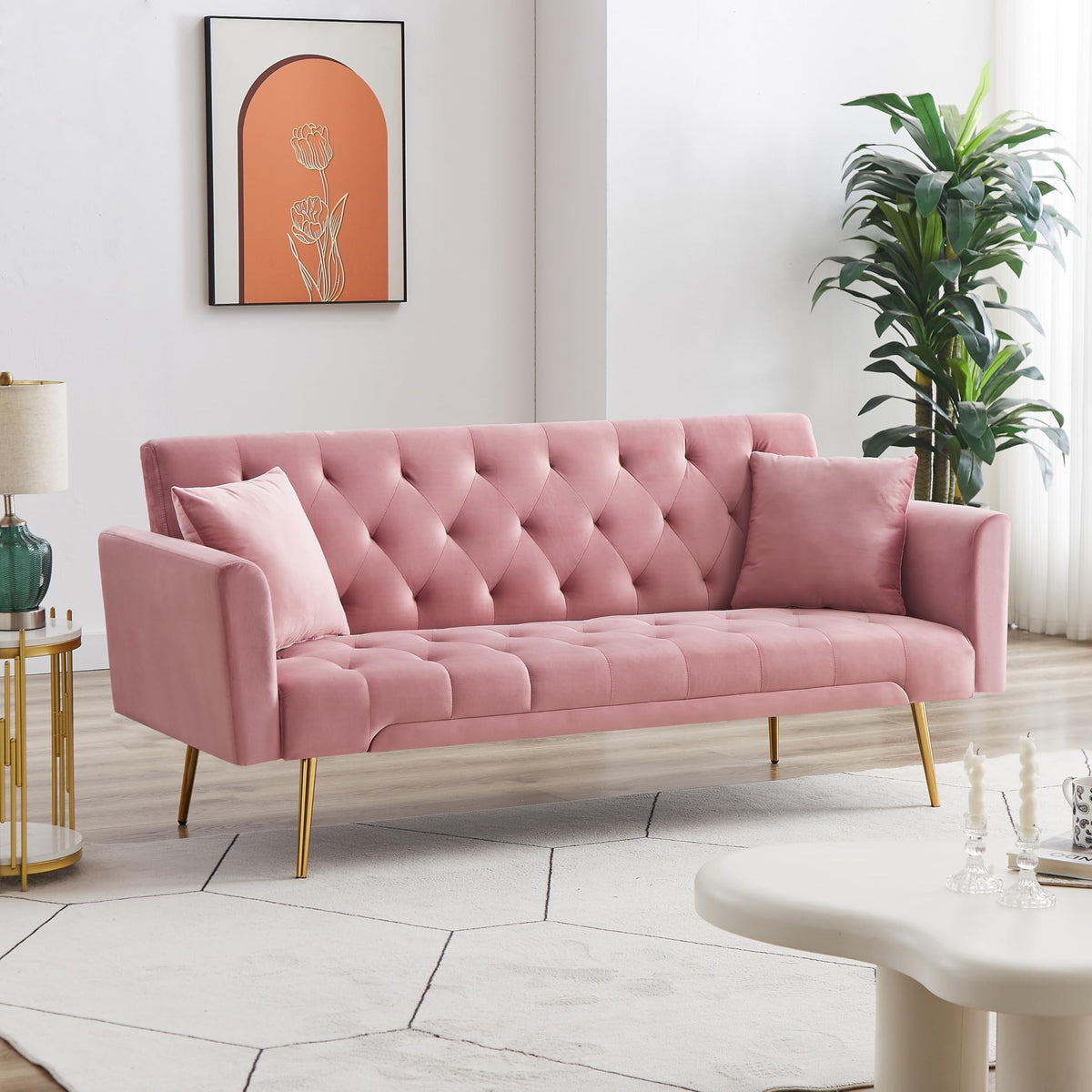Pink Velvet Convertible Sofa Bed J501