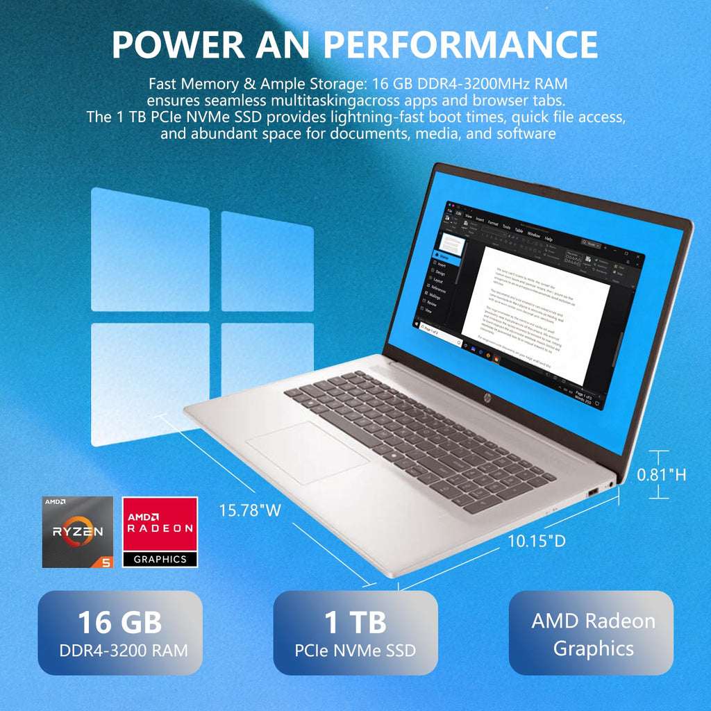 17.3" Touch Screen Laptop, 32GB RAM, 1TB SSD, AMD Ryzen 5, Windows 11 Pro, Silver E868