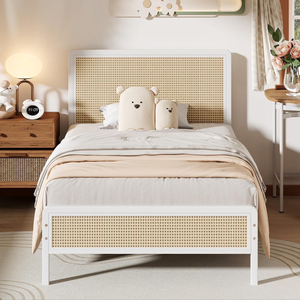 White Rattan Twin Bed Frame with Headboard T7600