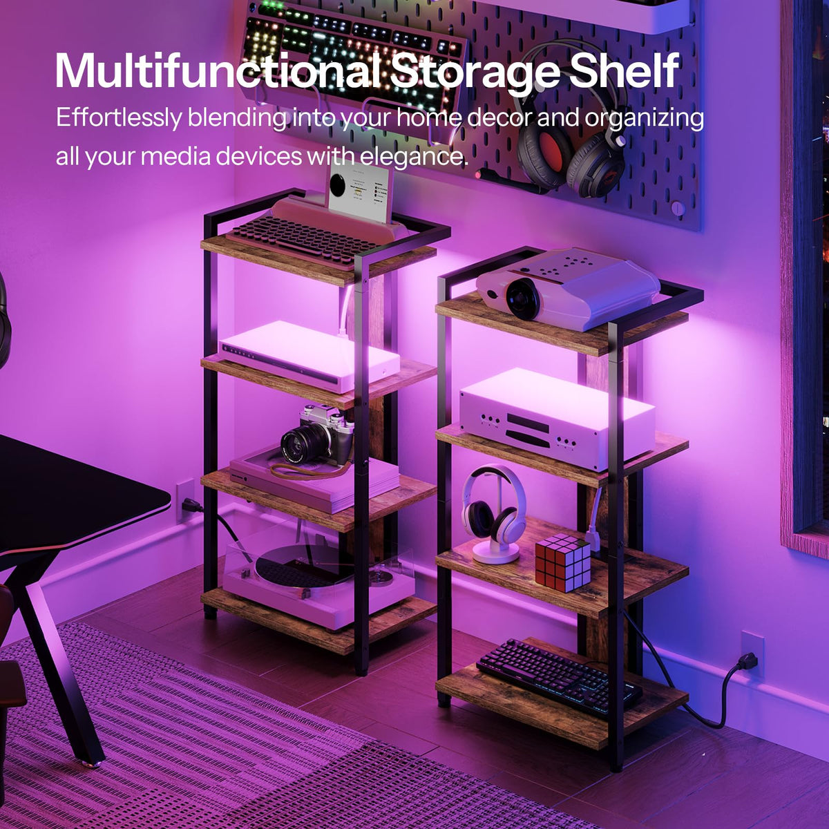4-Tier Media Stand with Charging Station & LED Light T604