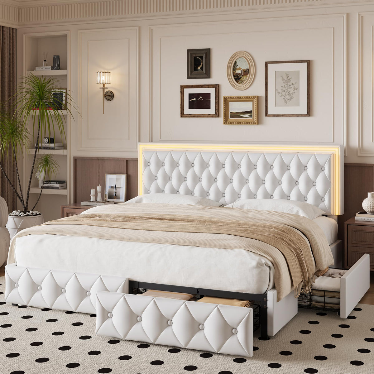 White Full Size LED Bed Frame with 4 Storage Drawers and Adjustable Headboard B323468