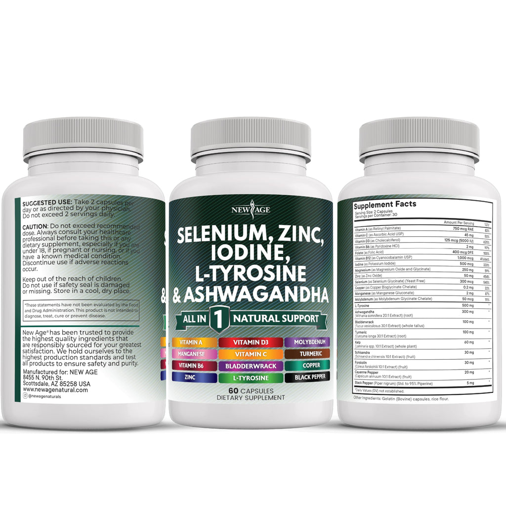 Selenium Zinc Iodine L Tyrosine Ashwagandha Supplement 120 Count F5759