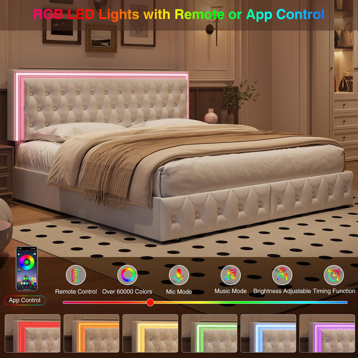 White Full Size LED Bed Frame with 4 Storage Drawers and Adjustable Headboard B323468