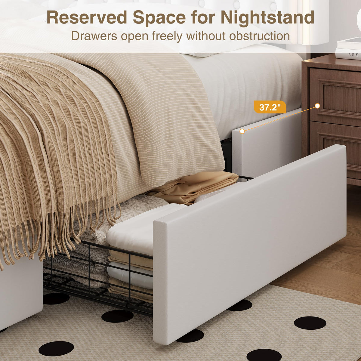 White Full Size LED Bed Frame with 4 Storage Drawers and Adjustable Headboard B323468