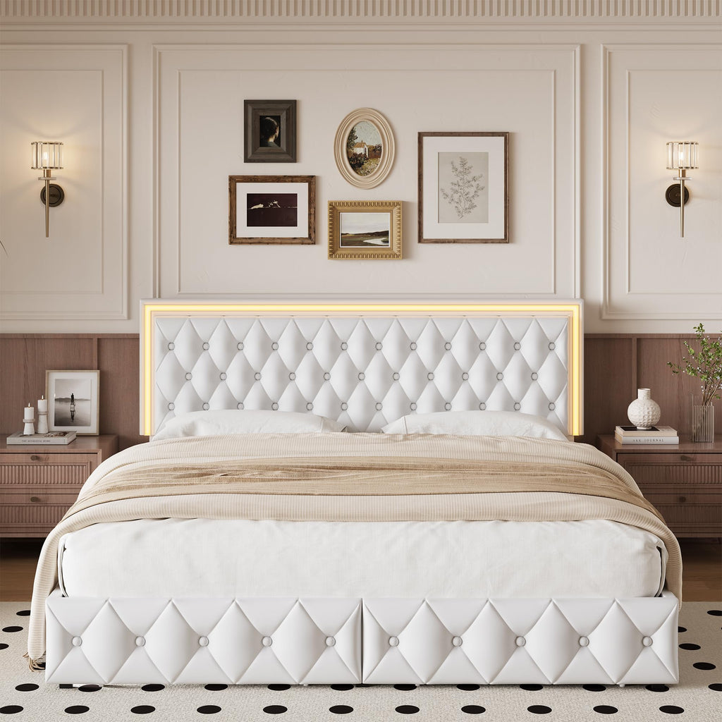 White Full Size LED Bed Frame with 4 Storage Drawers and Adjustable Headboard B323468
