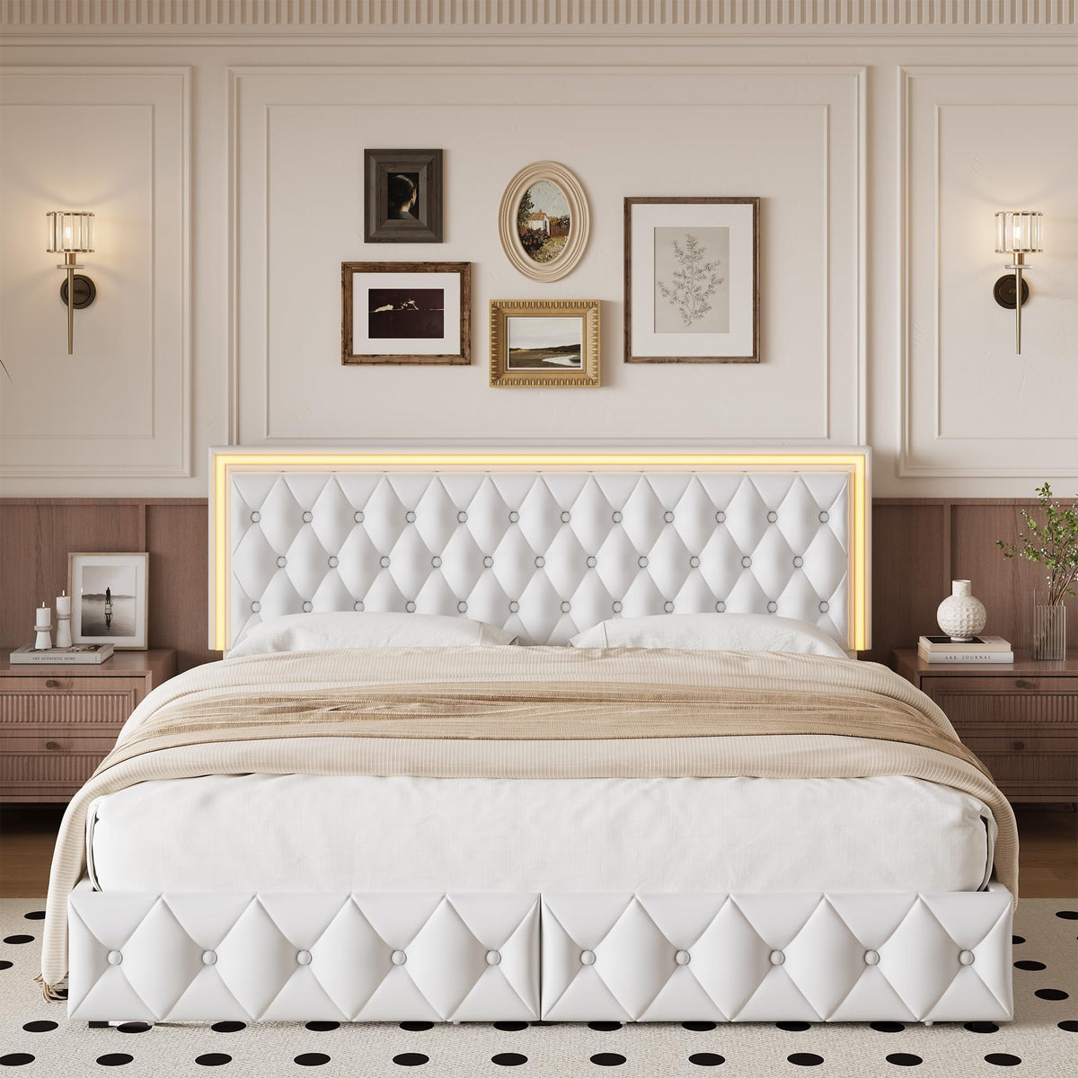 White Full Size LED Bed Frame with 4 Storage Drawers and Adjustable Headboard B323468