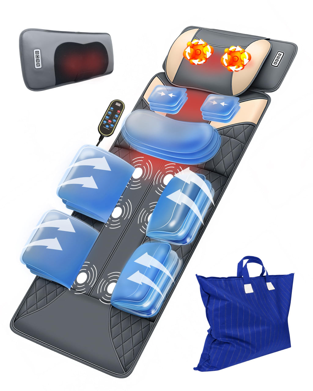 Full Body Massage Mat with Heat, Adjustable Lumbar Traction, Detachable Neck Shiatsu Roller, Airbag Compression, Vibration Massage Pad T9489