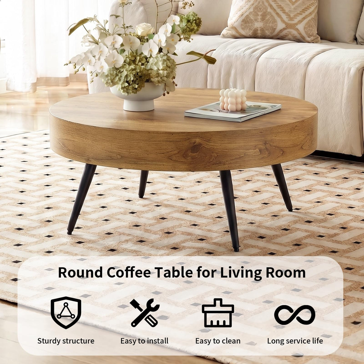 Round Wood Coffee Table with Metal Legs Z827753