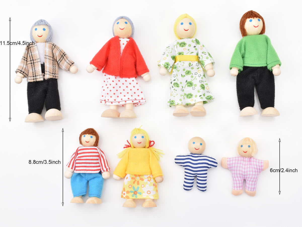 Wooden Dollhouse Dolls Family Set of 8 Miniature Figures and 2 Pets M22309