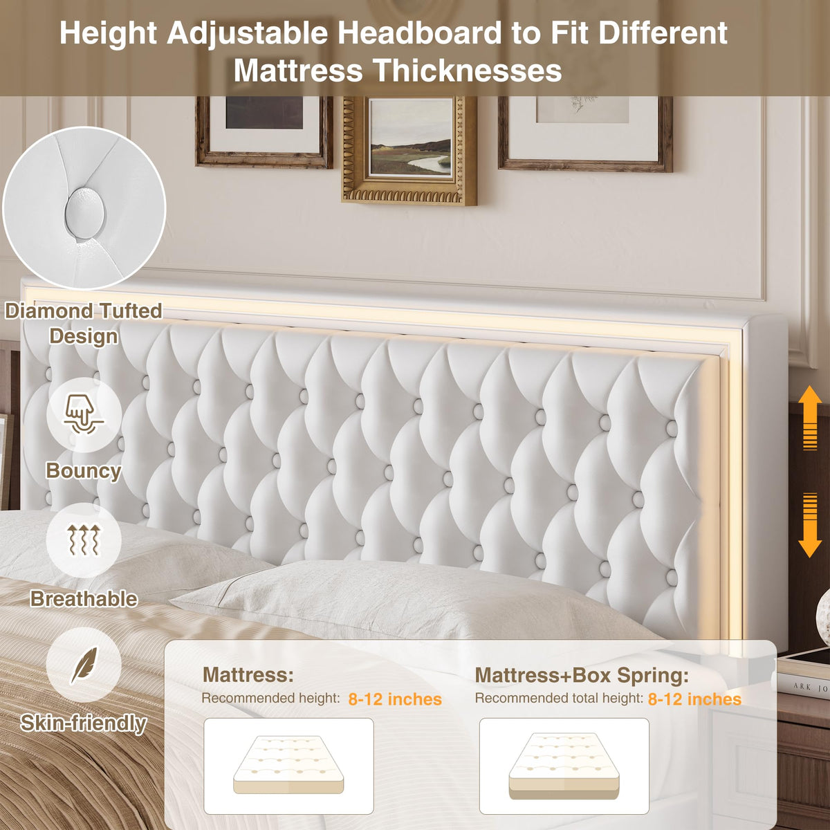 White Full Size LED Bed Frame with 4 Storage Drawers and Adjustable Headboard B323468