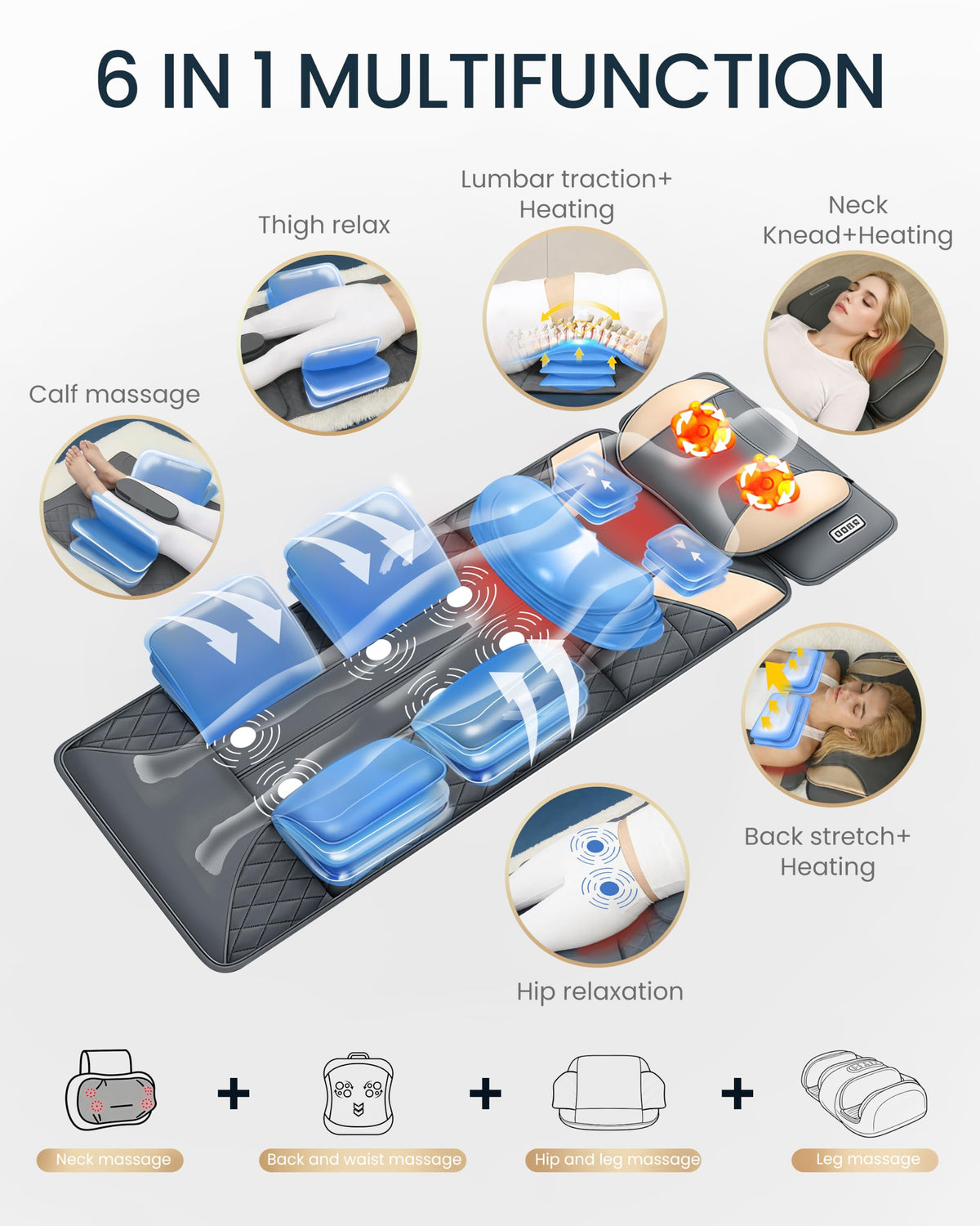 Full Body Massage Mat with Heat, Adjustable Lumbar Traction, Detachable Neck Shiatsu Roller, Airbag Compression, Vibration Massage Pad T9489