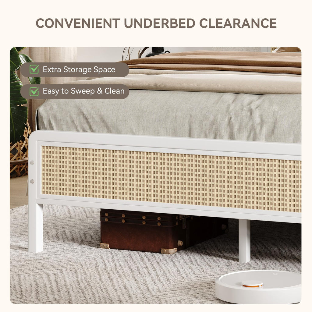White Rattan Twin Bed Frame with Headboard T7600
