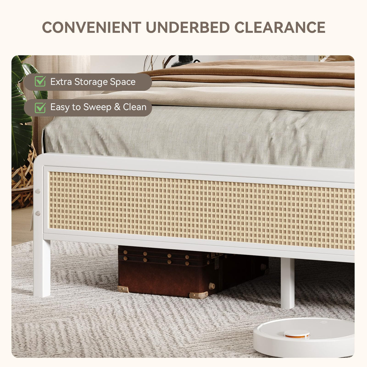 White Rattan Twin Bed Frame with Headboard T7600