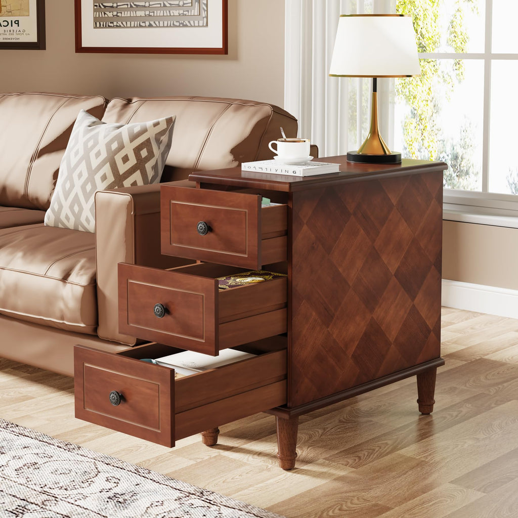 Fully Assembled Set of 2 Narrow 3 Drawer Brown End Table M97434