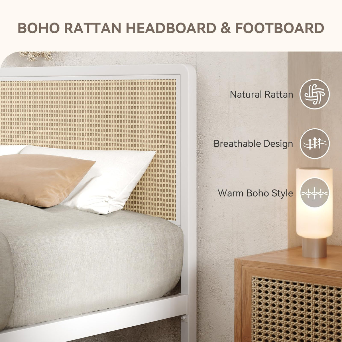 White Rattan Twin Bed Frame with Headboard T7600