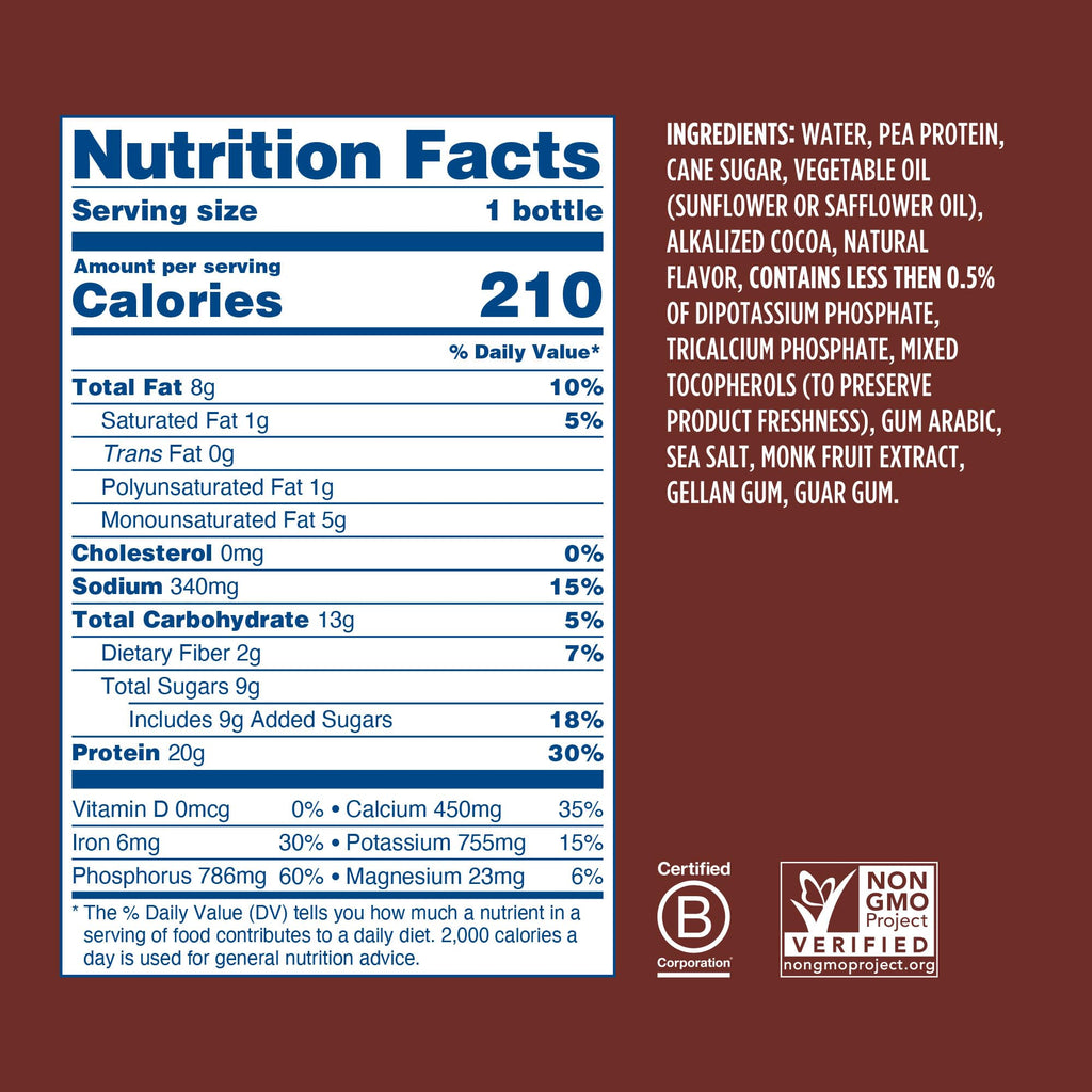 Chocolate Plant Based Protein Shake 20g Pea Protein Vegan Non GMO 12 Fl Oz Bottles Pack of 12 I828007