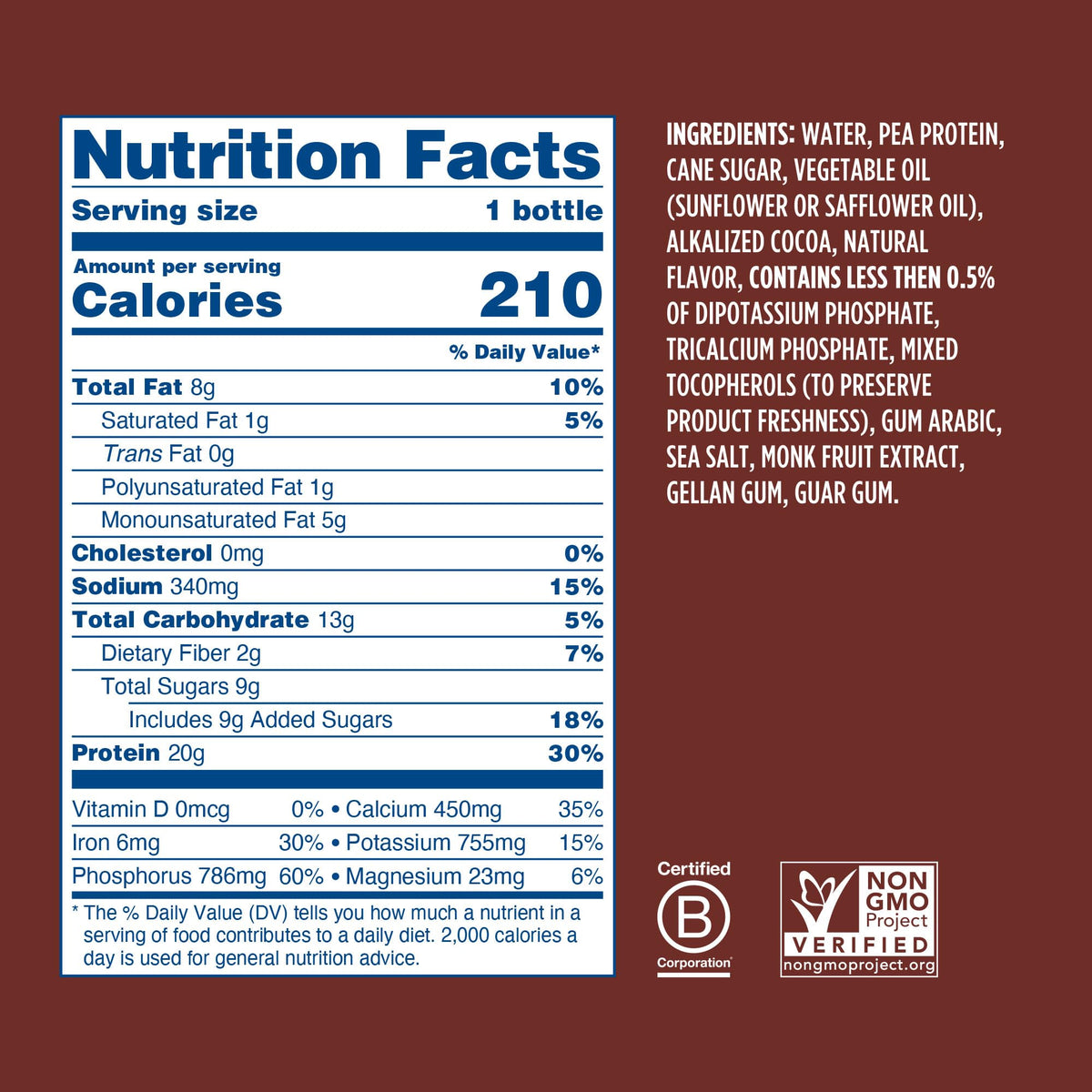 Chocolate Plant Based Protein Shake 20g Pea Protein Vegan Non GMO 12 Fl Oz Bottles Pack of 12 I828007