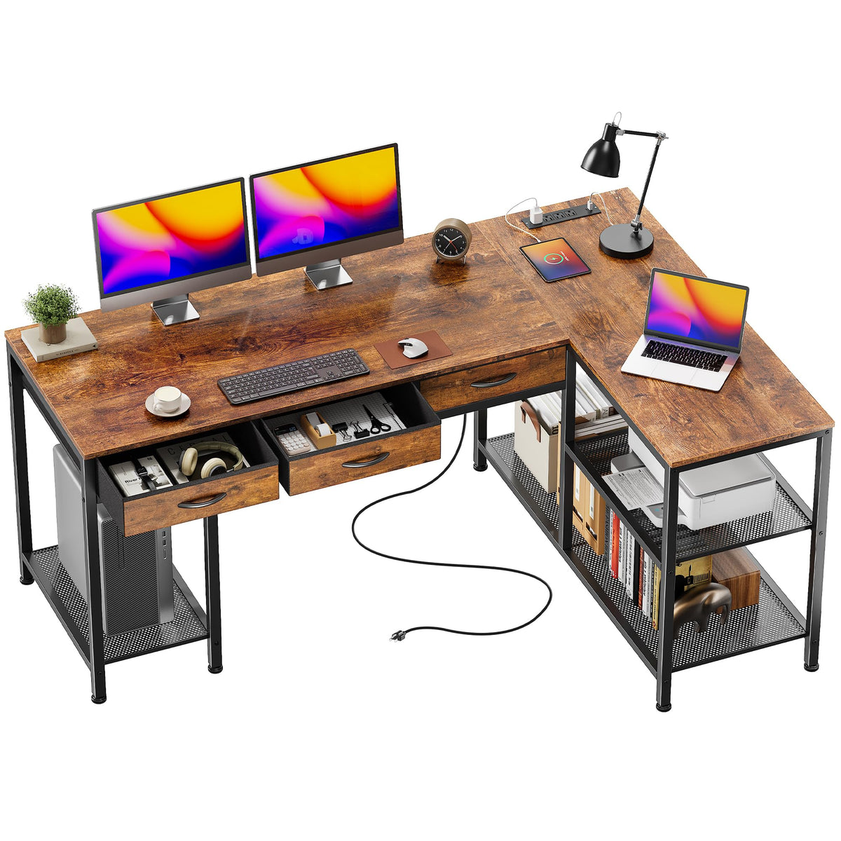 55 Inch L Shaped Office Desk with Power Outlets and Type-C Port C1740