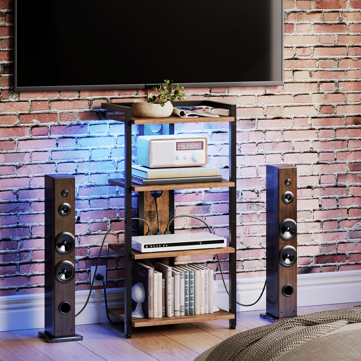 4-Tier Media Stand with Charging Station & LED Light T604
