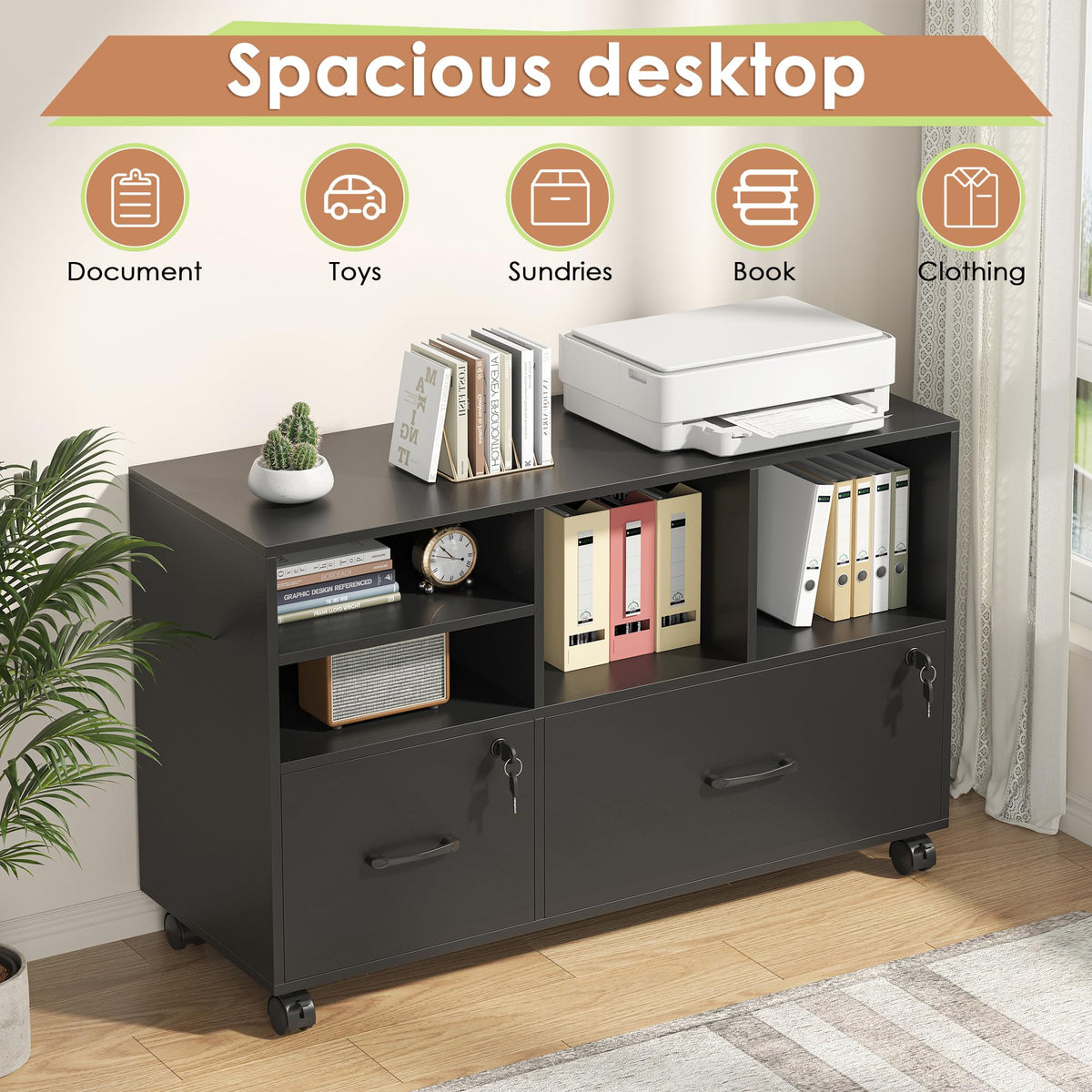 Black 2 Drawer Wood Lateral File Cabinet with Lock R678062