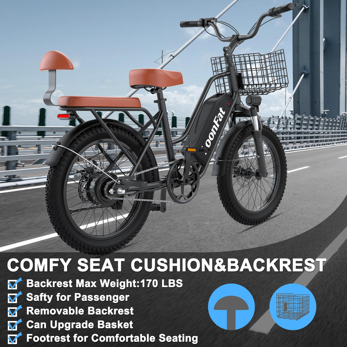 Peak 1000W 48V 13Ah Electric Bike with Rear Seat & Front Basket A7634
