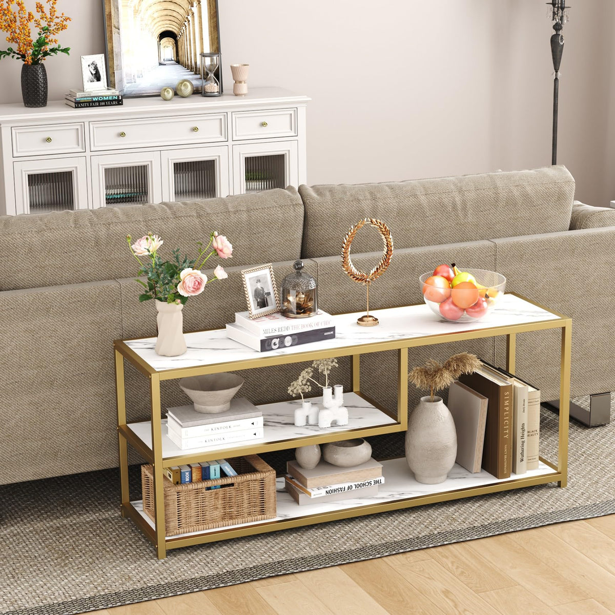 TV Stand for TVs up to 55 Inch, 3 Tier Media Console with Open Storage Shelves D4403