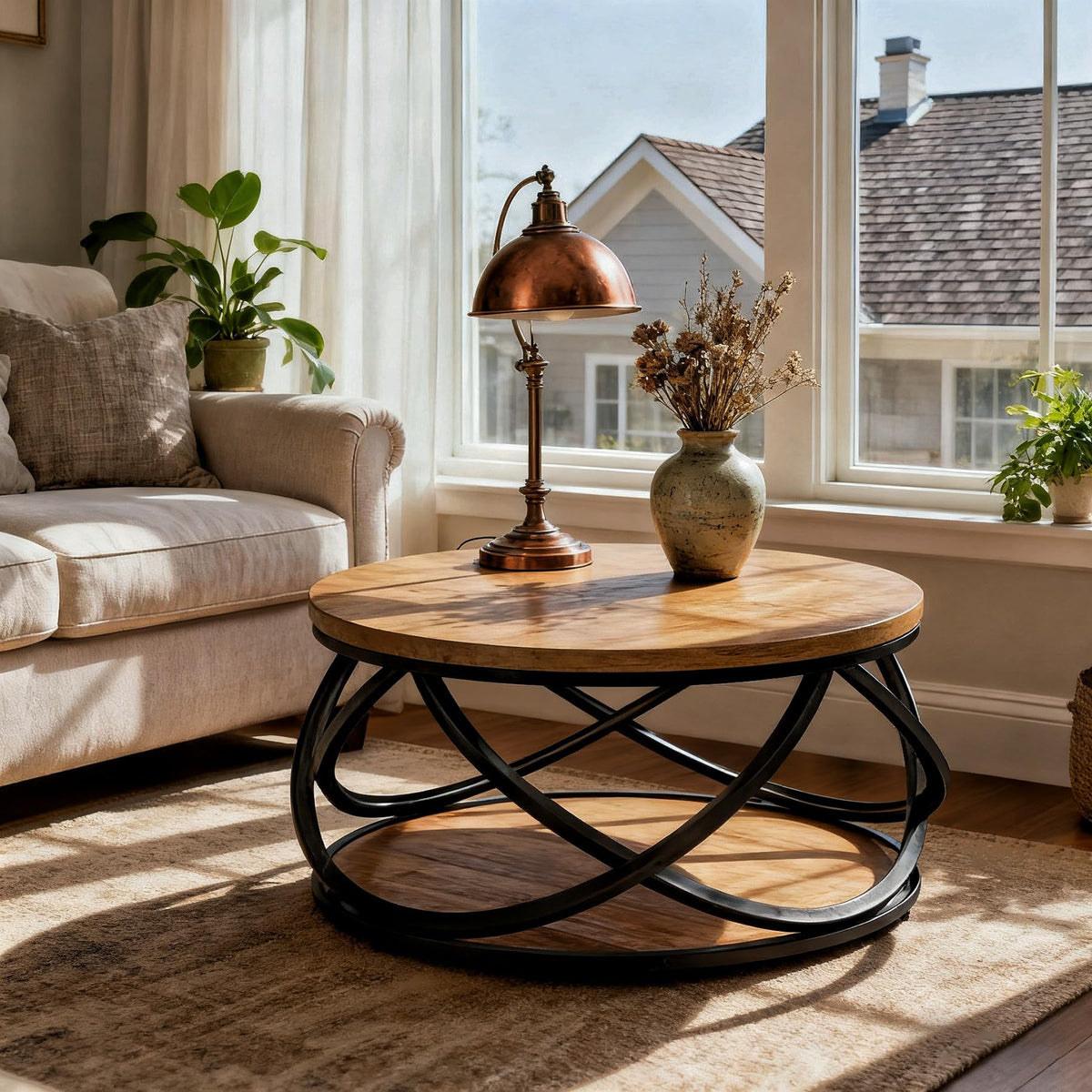2-Tier Round Coffee Table with Storage Shelf D229