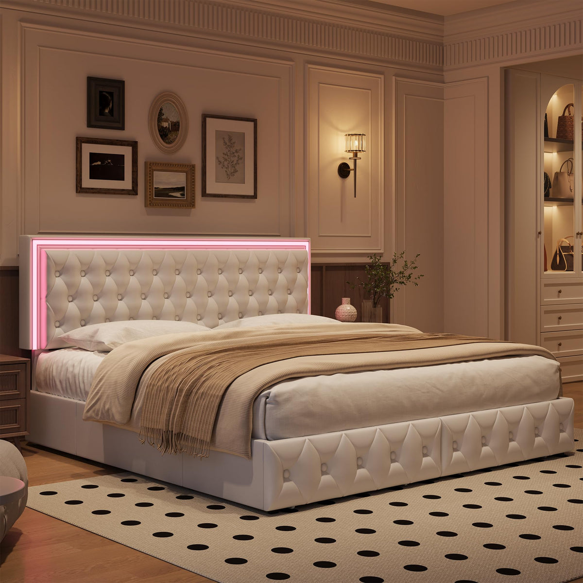 White Full Size LED Bed Frame with 4 Storage Drawers and Adjustable Headboard B323468