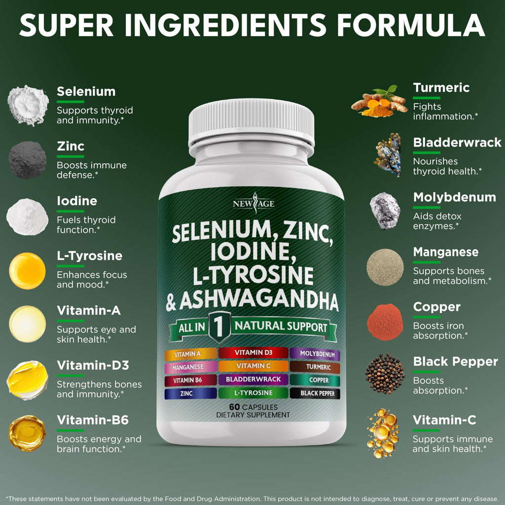 Selenium Zinc Iodine L Tyrosine Ashwagandha Supplement 120 Count F5759