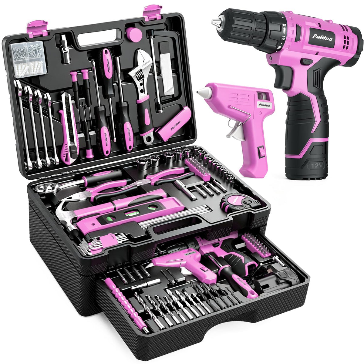 299 Piece Pink Cordless Drill Tool Set with Tool Box O8086