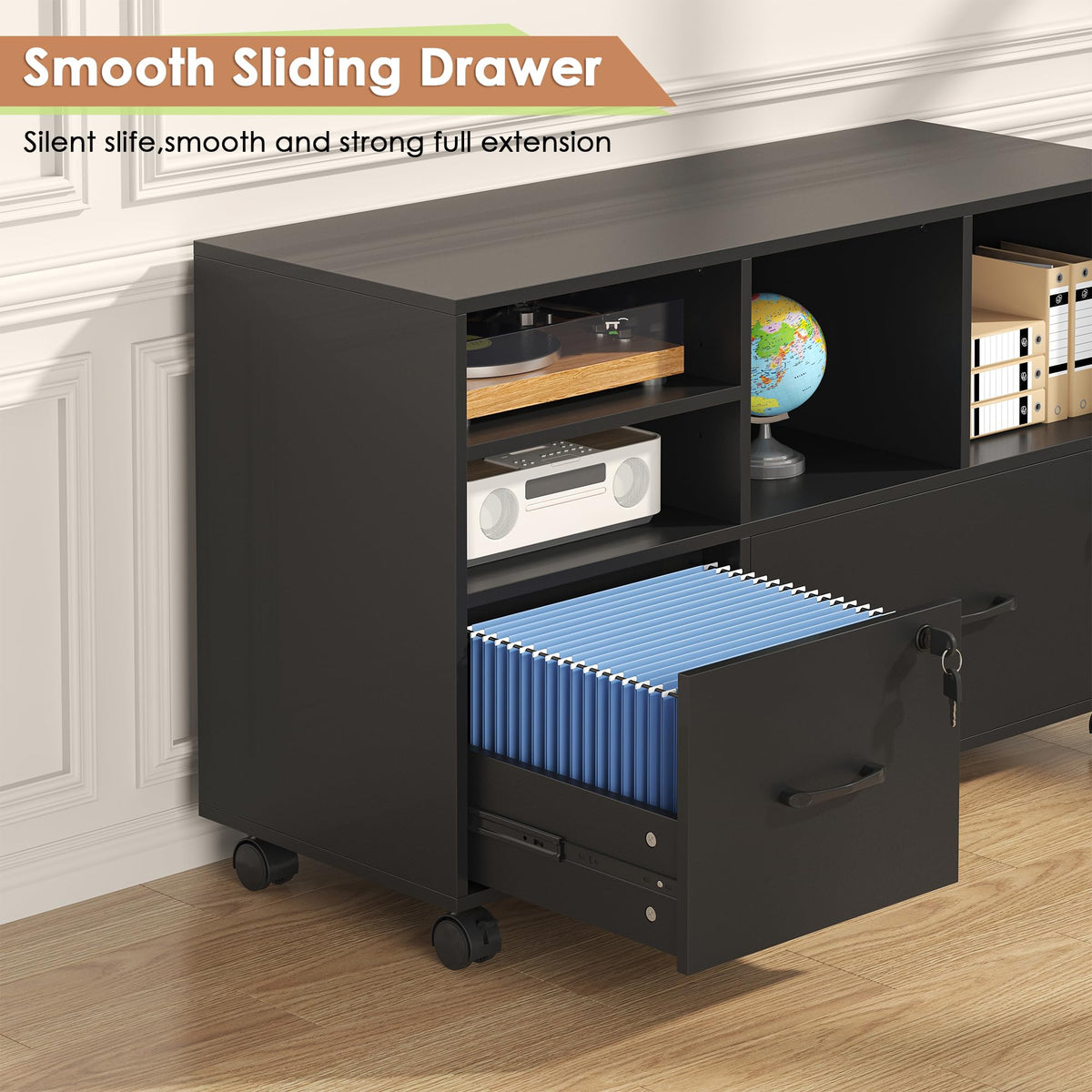 Black 2 Drawer Wood Lateral File Cabinet with Lock R678062