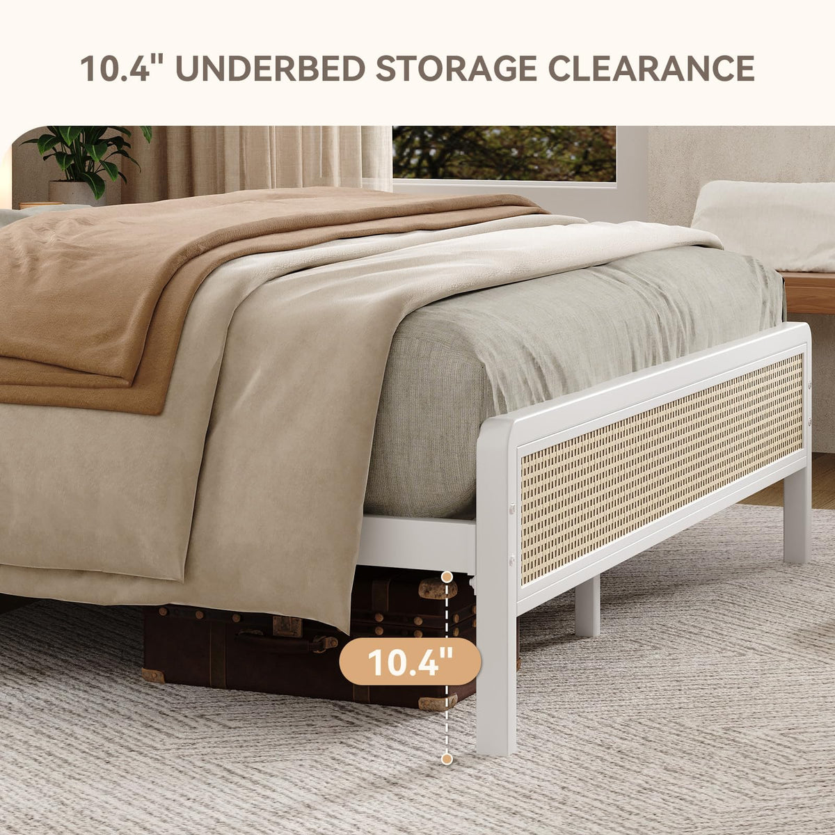 White Rattan Twin Bed Frame with Headboard T7600