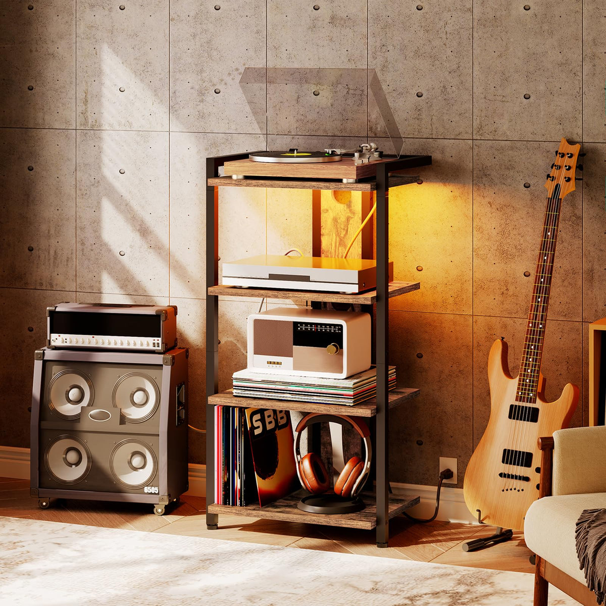 4-Tier Media Stand with Charging Station & LED Light T604