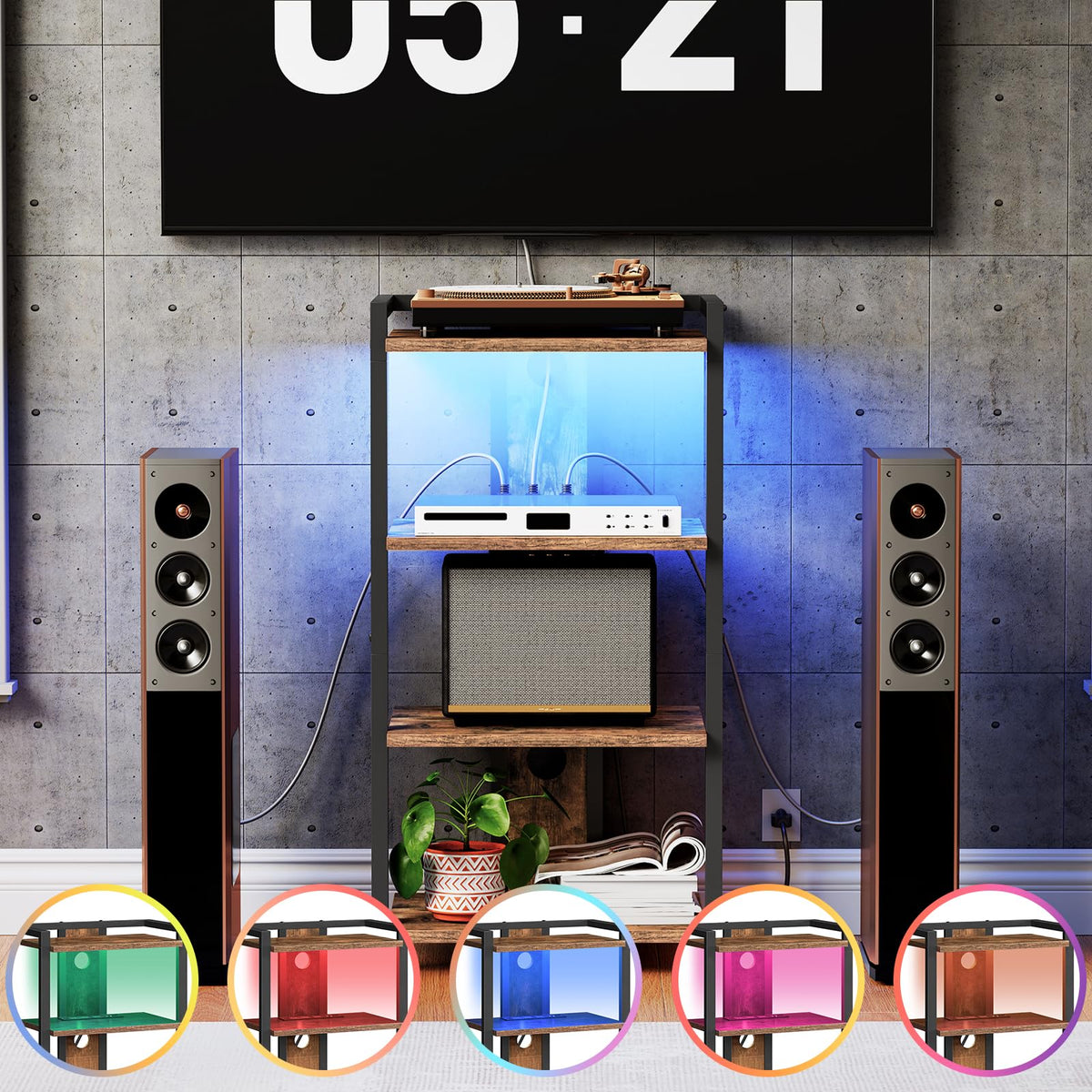 4-Tier Media Stand with Charging Station & LED Light T604