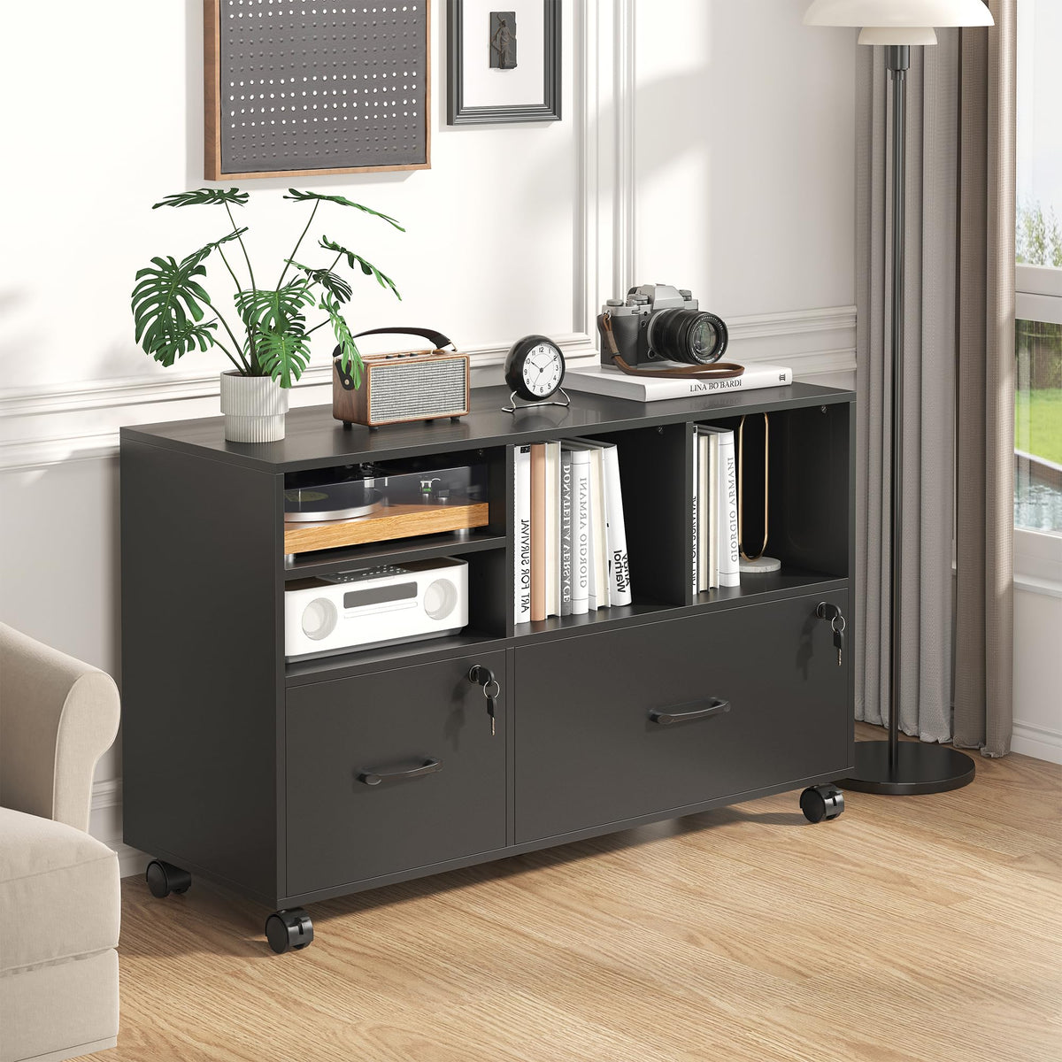 Black 2 Drawer Wood Lateral File Cabinet with Lock R678062