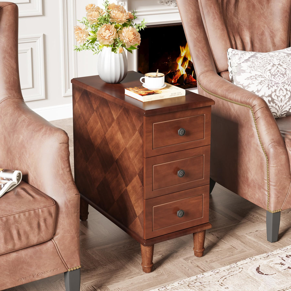 Fully Assembled Set of 2 Narrow 3 Drawer Brown End Table M97434