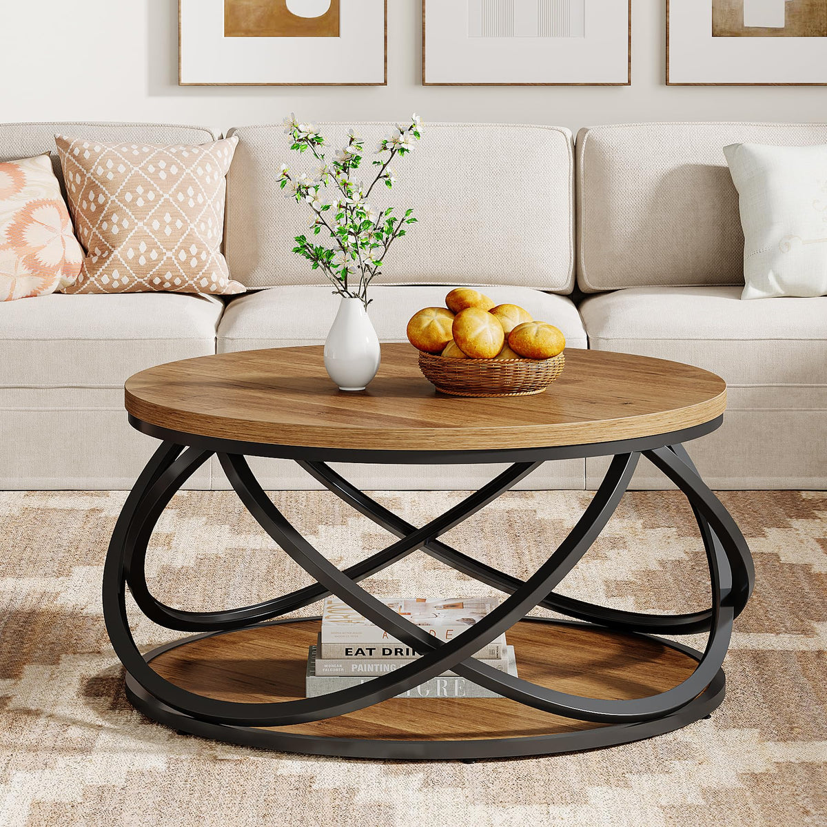 2-Tier Round Coffee Table with Storage Shelf D229