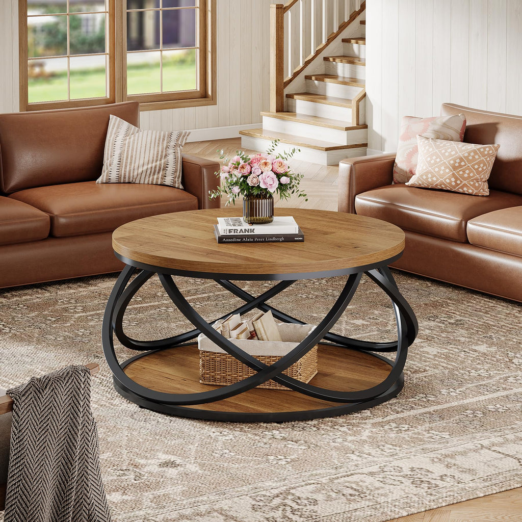 2-Tier Round Coffee Table with Storage Shelf D229
