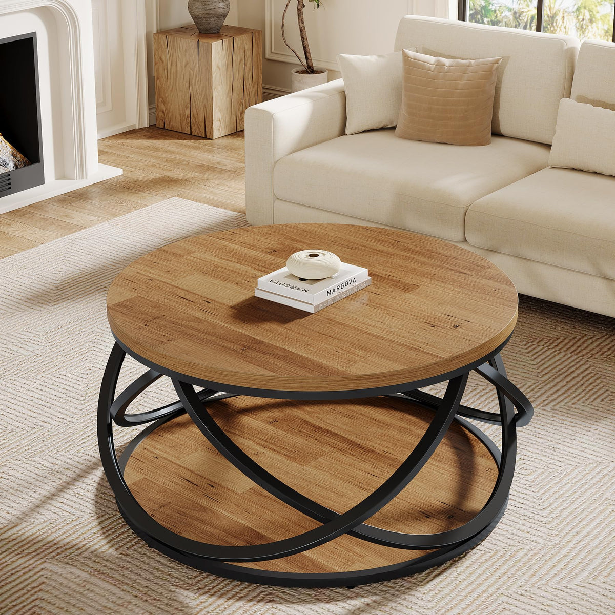 2-Tier Round Coffee Table with Storage Shelf D229