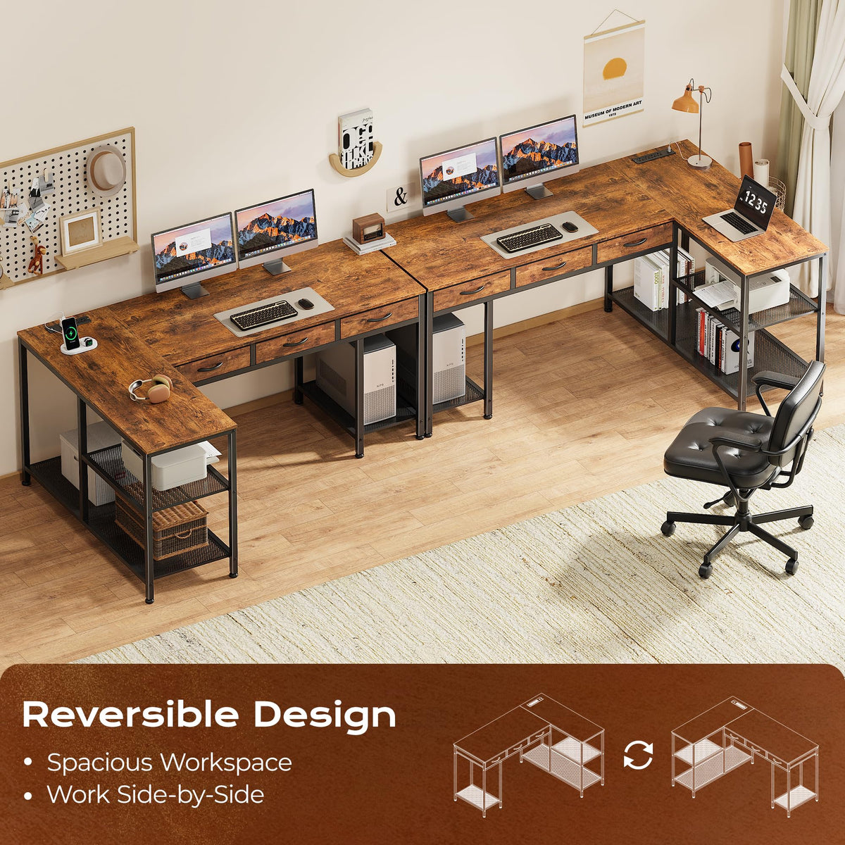 55 Inch L Shaped Office Desk with Power Outlets and Type-C Port C1740