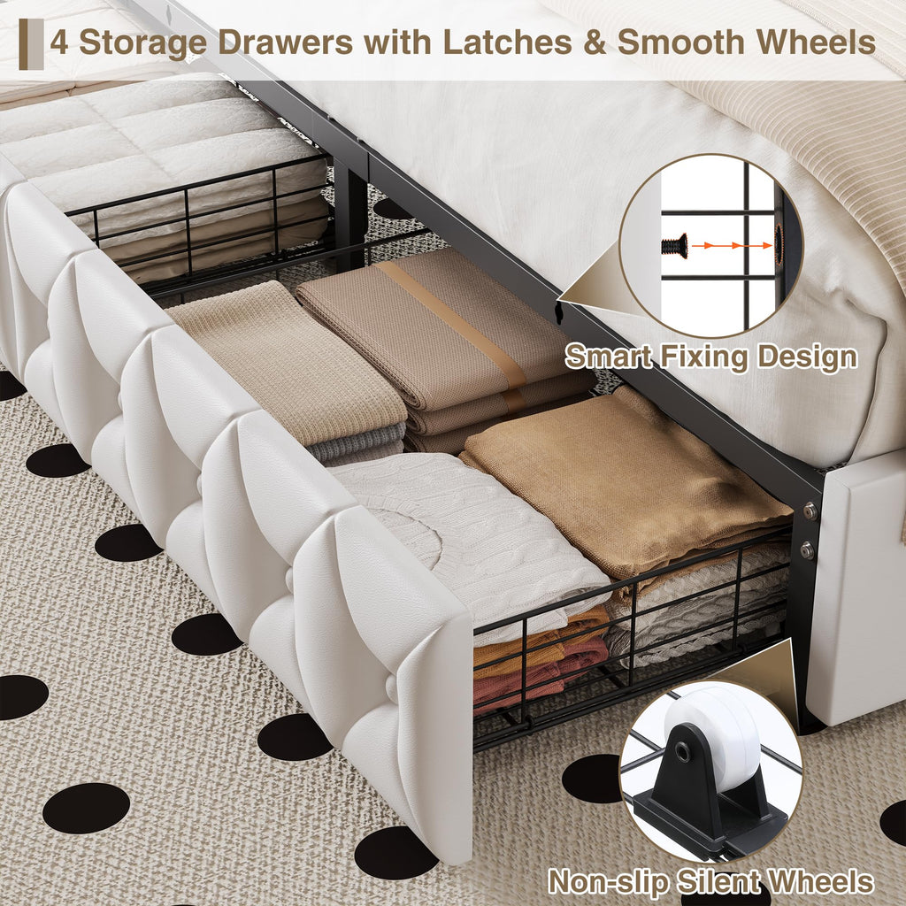 White Full Size LED Bed Frame with 4 Storage Drawers and Adjustable Headboard B323468